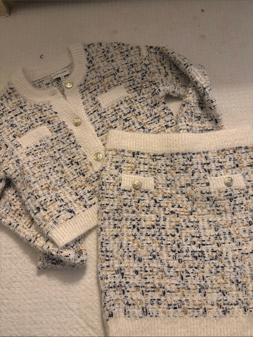 Cream Tweed Cardigan and Skirt Set with Gold Buttons